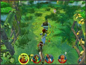 Kierujemy się w drugą stronę, pokonujemy żółwia, rozwalamy głaz w celu uwolnienia czwartego krasnala , a następnie rzucamy Ciastkiem w tarczę obok - [Solucja] Etap 1 - Bagno Shreka cz.2 | Shrek 2 Team Action - Shrek 2: Team Action - poradnik do gry