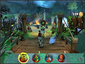 Pociągamy za wajchę, aby opuścić most przed nami - [Solucja] Etap 2 - Straszny Las cz.2 | Shrek 2 Team Action - Shrek 2: Team Action - poradnik do gry