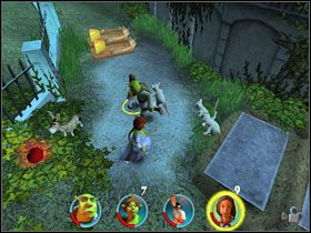 Walczymy z kilkoma szczurami i szybko obalamy za pomocą Osła dwie pokrywy grobowców, tworząc drogę dla trójki myszy - [Solucja] Etap 2 - Straszny Las cz.3 | Shrek 2 Team Action - Shrek 2: Team Action - poradnik do gry