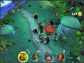 Obalamy Osłem leżące w pobliżu pokrywy, a następnie niszczymy pierwszy po lewej grobowiec - [Solucja] Etap 2 - Straszny Las cz.4 | Shrek 2 Team Action - Shrek 2: Team Action - poradnik do gry
