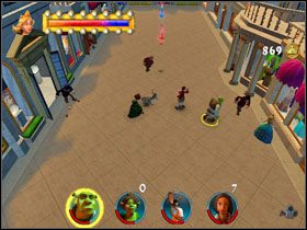 Udajemy się w stronę bramy po lewej stronie i stajemy dwójką bohaterów na złotych platformach - [Solucja] Etap 3 - Zasiedmiogród cz.2 | Shrek 2 Team Action - Shrek 2: Team Action - poradnik do gry