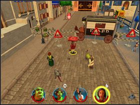 Na końcu ulicy, tuż przed szlabanem, odbijamy się od trampoliny i zbieramy fasolkę [8/12] - [Solucja] Etap 3 - Zasiedmiogród cz.2 | Shrek 2 Team Action - Shrek 2: Team Action - poradnik do gry