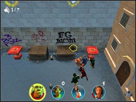 Rozprawiamy się z bandą, która wyjdzie z bramy widocznej na obrazku - [Solucja] Etap 3 - Zasiedmiogród cz.3 | Shrek 2 Team Action - Shrek 2: Team Action - poradnik do gry