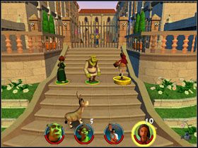 Wchodzimy na karetę po prawej stronie i odbijamy się od trampoliny, by zebrać ostatnią skorupkę - [Solucja] Etap 3 - Zasiedmiogród cz.3 | Shrek 2 Team Action - Shrek 2: Team Action - poradnik do gry