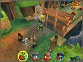 Wspinamy się Kotem w Butach na linę nad nami i zbieramy z prawej strony fasolkę [4/12] - [Solucja] Etap 5 - Na ścieżce cz.2 | Shrek 2 Team Action - Shrek 2: Team Action - poradnik do gry