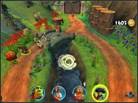Dzięki sprowadzonym tu kłodom dostajemy się do kolejnej fasolki [10/12] - [Solucja] Etap 5 - Na ścieżce cz.3 | Shrek 2 Team Action - Shrek 2: Team Action - poradnik do gry