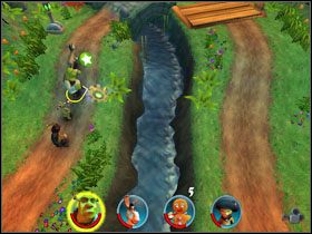 Przechodzimy po wcześniejszej linie Kotem w Butach na drugą stronę i unieruchamiamy pułapkę przy użyciu pobliskiej wajchy - [Solucja] Etap 5 - Na ścieżce cz.4 | Shrek 2 Team Action - Shrek 2: Team Action - poradnik do gry