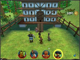Przyciągamy specjalnym ciachem pobliskie pszczoły i zmuszamy krowę do otworzenia bramy obok - [Solucja] Etap 6 - Farma Jacka i Jilla cz.5 | Shrek 2 Team Action - Shrek 2: Team Action - poradnik do gry
