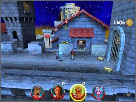 Przechodzimy dalej, stajemy na guziku i rzucamy w tarczę - trzecie światło zlikwidowane - [Solucja] Etap 8 - Ucieczka z więzienia cz.1 | Shrek 2 Team Action - Shrek 2: Team Action - poradnik do gry