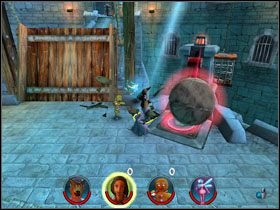 W następnej lokacji znajdujemy (nad wiszącymi skrzyniami po prawej) fasolkę [2/12] - [Solucja] Etap 8 - Ucieczka z więzienia cz.1 | Shrek 2 Team Action - Shrek 2: Team Action - poradnik do gry