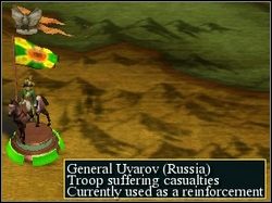 Jest jeszcze jedna ikona (ach ta skleroza :-) pojawiająca się od czasu do czasu nad figurką oficera i oznaczająca, że armia, którą ten jegomość dowodzi, służy jako posiłki w zbliżającej się bitwie, czyli jest tą czwartą armią, która weźmie udział w starciu (patrz rozdział Wojny) - Tryb Militarny (Military View) | Imperial Glory - Imperial Glory - poradnik do gry
