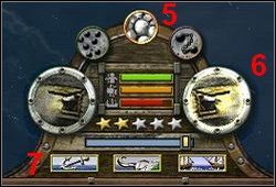 Niebieski suwak służący do zwężania/poszerzania kąta rażenia (zielone pola 8 po obu burtach naszego okrętu, wróg ma czerwone pola) - im strefa rażenia węższa, tym zadane uszkodzenia większe - Wojna - Bitwy morskie | Imperial Glory - Imperial Glory - poradnik do gry