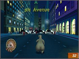 Po dobiegnięciu do pierwszego skrzyżowania, kamera uniesie się do góry, prezentując sporą część ulicy i pędzące samochody (#31) - N.Y. Street Chase | Solucja Madagaskar - Madagaskar - poradnik do gry