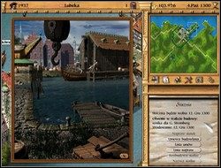 Kliknięcie lewym przyciskiem myszy na Stoczni lub Doku naprawczym otwiera okno z obrazkiem stoczni a po prawej stronie ekranu (w oknie wyboru) pokazuje się informacja kiedy stocznia będzie dla nas dostępna i dla kogo w tej chwili pracuje (ponieważ obowiązuje kolejka zleceń) - Budowa, naprawa i rozbudowa okrętów | Okręty w Patrician III Rise of the Hanse - Patrician III: Rise of the Hanse - poradnik do gry