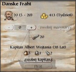 Mamy tutaj liczbę marynarzy na pokładzie (20), ich tygodniowe wynagrodzenie a pośrodku liczbę kordelasów jakie mają do dyspozycji - Menu okrętu | Okręty w Patrician III Rise of the Hanse - Patrician III: Rise of the Hanse - poradnik do gry