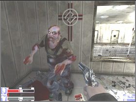 Spójrz w prawo (lewy obrazek), jest tu para zombie i naukowiec, broniący się pistoletem - [04] Basement of Hackleys Mansion cz.1 w Hellforces - Hellforces - poradnik do gry