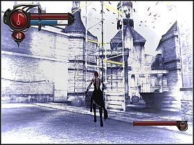 Po dotarciu na samą górę rusztowania przeskocz na okoliczną rynnę (screen 1) a z niej na sąsiadującą rurę - [5] Mansion - Zerenzki | BloodRayne 2 - BloodRayne 2 - poradnik do gry