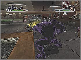 Po znokautowaniu Wolverinea łap znajdujących się w okolicy bandytów w celu pożywienia się na nich (screen 1) - [Opis przejścia] Misja 2 - Wolverine cz.2 | Ultimate Spider-Man - Ultimate Spider-Man - poradnik do gry