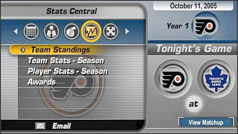 Team Standings - ogólna tabela drużyn z uwzględnieniem wskaźników, kto wchodzi do rozgrywek Playoff - Menu główne | Dynasty Mode | NHL 06 - NHL 06 - poradnik do gry