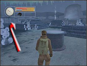Idziemy do miejsca z którego ostatnio wzięliśmy apteczkę i idziemy dalej za strzałką. - [Solucja] LUMBERYARD cz.2 - II Wojna Światowa: Pilot Down - Na Tyłach Wroga - poradnik do gry