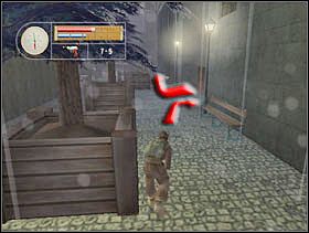 W zaułku wskazanym przez pierwszą strzałkę można rozpalić ogień - korzystamy z tego. Następnie wracamy i idziemy do końca uliczki (druga strzałka). - [Solucja] GERMAN TOWN cz.3 - II Wojna Światowa: Pilot Down - Na Tyłach Wroga - poradnik do gry