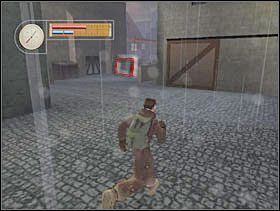 ...w stronę placyku i chowamy się za murkiem (czerwony prostokąt). - [Solucja] GERMAN TOWN cz.5 - II Wojna Światowa: Pilot Down - Na Tyłach Wroga - poradnik do gry