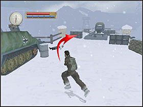 Wychodzimy z domu i łukiem biegniemy do skrzyń przy moście, kawałek przed nimi kucamy by nas sierżant nie zauważył. Przyklejamy się do nich. - [Solucja] WILDERNESS cz.4 - II Wojna Światowa: Pilot Down - Na Tyłach Wroga - poradnik do gry