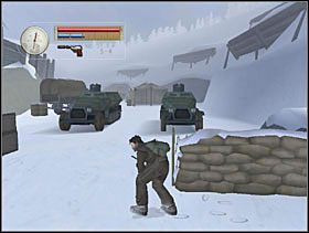 Zatrzymujemy się przy dwóch murkach z worków z piaskiem i czekamy aż między samochodami pojawi się żołnierz. - [Solucja] OCCUPIED FORT cz.2 - II Wojna Światowa: Pilot Down - Na Tyłach Wroga - poradnik do gry