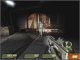 Niepokojony przez nikogo, wróć się wraz z Newberrym do miejsca, w którym spotkałeś wcześniej swojego kompana - Sledgea - [Solucja] Perimeter Defense Station | Quake 4 - Quake 4 - poradnik do gry