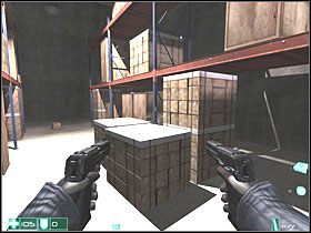 Przez pokój z kartonami dojdziesz do wielkiego pomieszczenia z trzema wysokimi półkami - Pierwsze spotkanie (2) | Interwał 02 | FEAR - F.E.A.R.: First Encounter Assault Recon - poradnik do gry