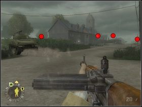 ... kieruj się drogą na północ. Dojdziesz do skrzyżowania, na prawo od niego przy kościele pojawią się kolejne trzy cele. Środkowa czerwona kropka (na szczycie schodków prowadzących do kościoła) to następna armata p-panc. Każ własnemu czołgowi przejechać szybko przez drogę i zająć pozycję na jej lewym skraju (tak aby armata p-panc nie mogła do niego otworzyć ognia).Nie wyznaczaj mu celu, niech ostrzeliwuje Szkopów w/g własnego widzimisię. Możesz też kazać mu jechać jeszcze dalej w lewo i podjąć walkę z następnym czołgiem wroga (czerwona kropka skrajnie po lewej) ... - [Solucja] Rozdział 9 Baupte cz.2 - Brothers in Arms: Earned in Blood - poradnik do gry