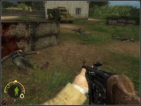 Zawołaj wszystkich swoich ludzi i ruszaj prosto. Przejdź przez budynek na wprost za ciężarówką (wejście jest z prawej strony). - [Solucja] Rozdział 10 Hedgerow Hell cz.2 - Brothers in Arms: Earned in Blood - poradnik do gry