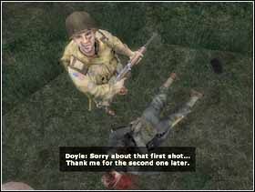 Zaczynasz rozdział wisząc na szelkach spadochronu pod drzewem. Pod Tobą znajduje się Szwabek, który jednak zaraz zostanie zastrzelony przez pierwszego amerykańskiego spadochroniarza jakiego spotkasz po tym twardym lądowaniu - Doyla z 82 Powietrzno-Desantowej. - [Solucja] Rozdział 1 Roses all the way cz.1 - Brothers in Arms: Earned in Blood - poradnik do gry