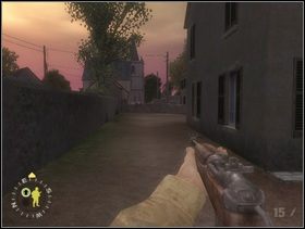 Potem ruszaj na wschód w stronę kościoła. Po minięciu budynku, który widzisz na powyższym obrazku po prawej stronie ... - [Solucja] Rozdział 2 Action at St. Martin cz.1 - Brothers in Arms: Earned in Blood - poradnik do gry
