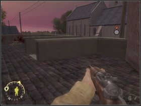 Zajdź Fryców z prawej strony, zastrzel tych za murkiem których zobaczysz najpierw, potem każ swoim ludziom przenieść swój ogień na drugą sekcję Niemców, która chowa się za murem tuż przy kościele. Sam podejdż bliżej i zza murku, który widzisz na obrazku wykończ Szkopów przy kościółku. - [Solucja] Rozdział 2 Action at St. Martin cz.3 - Brothers in Arms: Earned in Blood - poradnik do gry