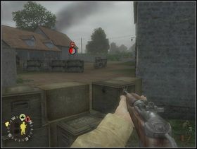 Idź dalej a powinieneś wyjść na tyły Niemiaszkom do których cały czas strzela Twoje wsparcie. Wykończ nieprzyjaciół zza skrzyń, potem zrób parę kroków do przodu i skręć w lewo. - [Solucja] Rozdział 3 Three Patrol Action cz.3 - Brothers in Arms: Earned in Blood - poradnik do gry