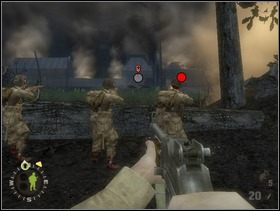 Dojdziesz do zwalonego pnia. Ustaw za nim swoich ludzi i każ im skupić ogień na Niemcach po lewej stronie od głównego wejścia do dworku, które jest zabarykadowane przez stanowisko karabinu maszynowego MG42. - [Solucja] Rozdział 5 Chateau Colombieres cz.1 - Brothers in Arms: Earned in Blood - poradnik do gry