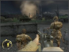 ... za chwilę wkroczy na scenę amerykański czołg lekki Stuart i zrobi porządek z nieprzyjacielem. Wyjdź na zewnątrz i podejdź do czołgu. Dostaniesz go teraz pod swoją komendę. Pamiętaj, że możesz w dowolnym momencie wdrapywać się na niego od tyłu i korzystać z zewnętrznego kaemu. Chroń go przed Niemcami z Panzerfaustami bo to dla niego śmiertelne zagrożenie. - [Solucja] Rozdział 5 Chateau Colombieres cz.1 - Brothers in Arms: Earned in Blood - poradnik do gry