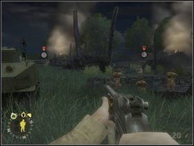 Idź cały czas w lewo. Przywołaj kumpli i ustaw ich za kolejnym pniem. Każ ostrzeliwać stamtąd Niemiaszków do których grzeje Twój czołg a wówczas przywołaj również puszkę. Jej każ strzelać do faszystów po lewej. Sam pomóż kolegom zdjąć ostrzeliwanych przez nich Fryców. - [Solucja] Rozdział 5 Chateau Colombieres cz.2 - Brothers in Arms: Earned in Blood - poradnik do gry