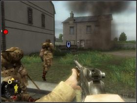 Stojąc za ciężarówką wyślij sekcję wsparcia za skrzynie (obrazek) i każ jej stamtąd ostrzeliwać Szkopów przy wjeździe na most (czerwona kropka). - [Solucja] Rozdział 7 Eviction Notice cz.2 - Brothers in Arms: Earned in Blood - poradnik do gry