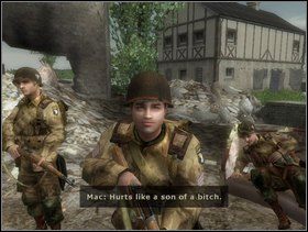 Zaczynasz grę pośród ruin, Mac jest ranny. Obróć się do tyłu, przejdź kawałek prosto i zaraz skręć w lewo. - [Solucja] Rozdział 8 Close Quarters cz.1 - Brothers in Arms: Earned in Blood - poradnik do gry