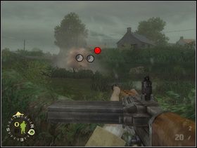 Zajmijcie pozycję za pobliskim żywopłotem i zlikwidujcie stamtąd ogniem broni ręcznej i granatami Niemiaszków ostrzeliwanych przez Twój czołg. Czerwona kropka to Niemcy, których nie możesz stąd zabić. Teraz każ czołgowi strzelać do nich. - [Solucja] Rozdział 9 Baupte cz.1 - Brothers in Arms: Earned in Blood - poradnik do gry