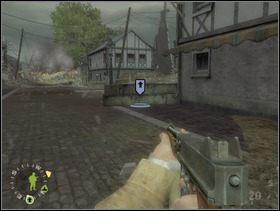 Teraz powinieneś wrócić kawałek, odnaleźć uliczkę prowadzącą na zachód i postawić szturmanów za skrzyniami jak widzisz na obrazku. - [Solucja] Rozdział 12 The All Americans Part 1 cz.1 - Brothers in Arms: Earned in Blood - poradnik do gry