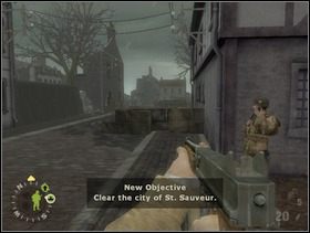(To kontynuacja poprzedniego rozdziału). Wyjdziesz na ulicę. Cel misji pozostaje ten sam - oczyścić miasto St. Sauveur z Niemców. Idź kawałek ulicą. - [Solucja] Rozdział 13 The All Americans Part 2 cz.1 - Brothers in Arms: Earned in Blood - poradnik do gry