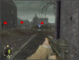 Pojawią się pierwsze cele, najważniejszy z nich to Flak 36 (88 mm armata p-lot, jedna z czerwonych kropek po lewej). Ustaw sekcję szturmową za skrzynaimai na wprost tak jak widzisz na obrazku. Nie musisz im wskazywać wroga do ostrzelania, niech robią to w/g wlasnego uznania. - [Solucja] Rozdział 13 The All Americans Part 2 cz.1 - Brothers in Arms: Earned in Blood - poradnik do gry