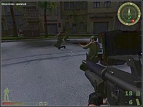 Ukryj się za rozbitym samochodem, wciśnij klawisz end i wyślij swoich kompanów za zniszczoną ciężarówkę po drugiej stronie ulicy - Misja 2 | USA | Vietcong 2 - Vietcong 2 - poradnik do gry