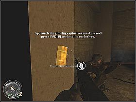 Po założeniu ostatniego ładunku będziesz miał kilkanaście sekund na podjęcie ucieczki z zagrożonego eksplozją budynku (screen 1) - Demolition (4) | The Winter War | Misja Call of Duty 2 - Call of Duty 2 - poradnik do gry