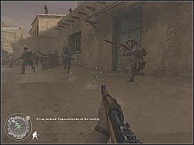 W pierwszej kolejności zajmij się gostkiem wyposażonym w wyrzutnię rakiet - Assault on Matmata (1) | Rommels Last Stand | Misja Call of Duty 2 - Call of Duty 2 - poradnik do gry