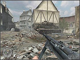 Jeśli chcesz możesz zaczekać aż jeden z członków drużyny wrzuci do maszyny granat, całkowicie ją tym samym unieszkodliwiając (screen 1) - The Crossing Point (3) | Crossing the Rhine | Misja Call of Duty 2 - Call of Duty 2 - poradnik do gry