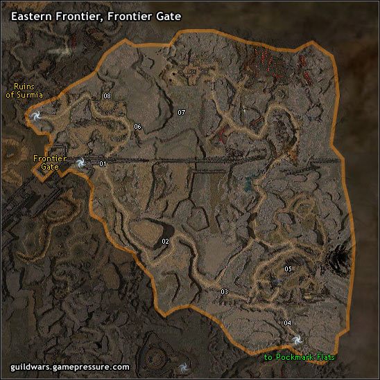 Frontier Gate, jedna z niewielu jeszcze działających bram w Great Northern Wall, wyznacza granicę między ocalałymi pozostałościami Ascalonu, a północnymi ziemiami, opanowanymi teraz przez Charry - Eastern Frontier, Frontier Gate | Ascalon | Guild Wars Prophecies - Guild Wars: Prophecies - poradnik do gry